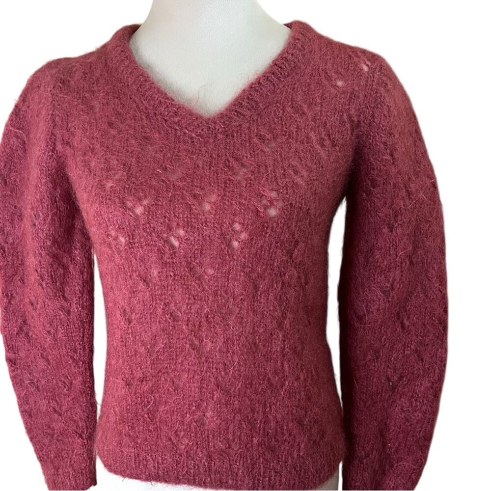 Hand Knit Mohair Lacy Fuzzy Eyelet Sweater – Dusty Rose – Small | Vintage 80’s